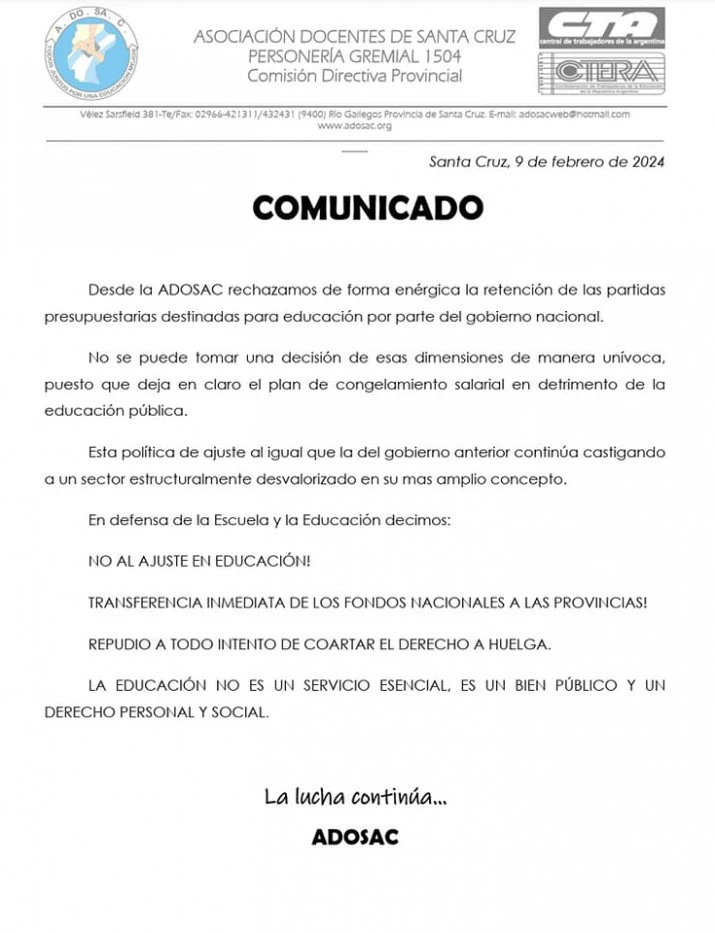  ADOSAC repudió la quita del incentivo docente por parte del Gobierno nacional y denuncia ajuste en la educación pública  