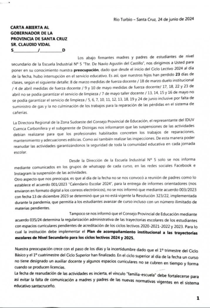 Santa Cruz: padres le envían carta al Gobernador por colegio sin clases hace 24 días sin gas 