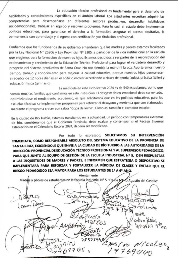 Santa Cruz: padres le envían carta al Gobernador por colegio sin clases hace 24 días sin gas 